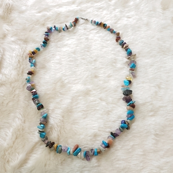 MIXED Semiprecious Gemstone Organic Chip Necklace Blue Purple - Picture 1 of 5